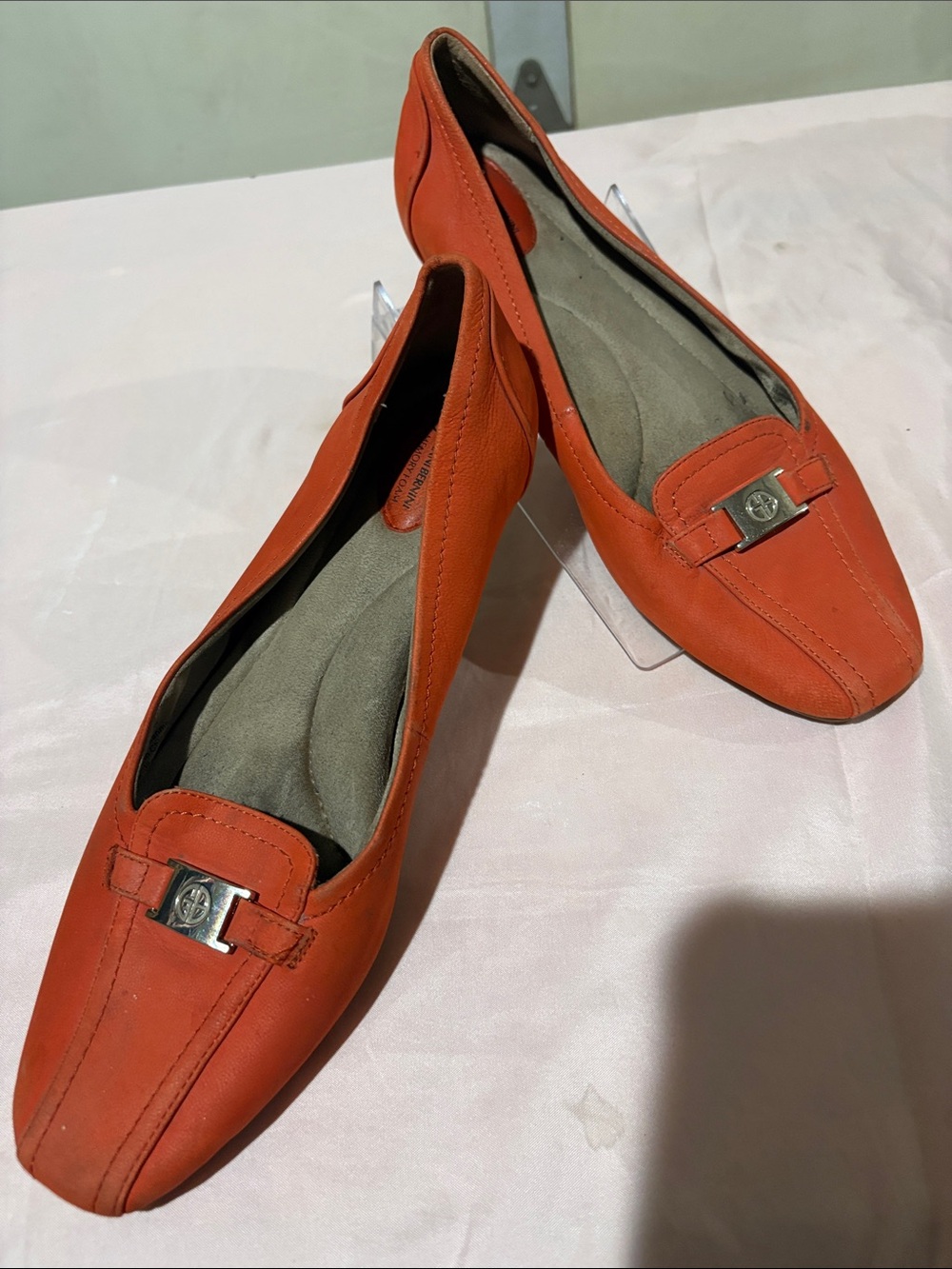 Giani Bernini Orange Leather Slip-On Loafers with Silver Buckle